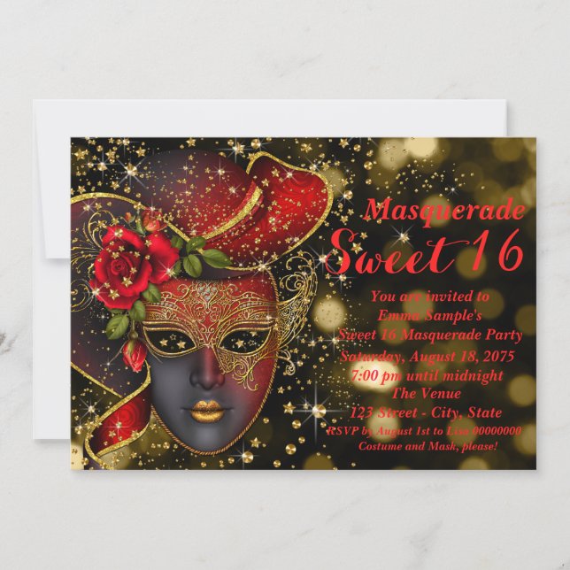 Red and Gold Glitter Masquerade Party Invitation (Front)