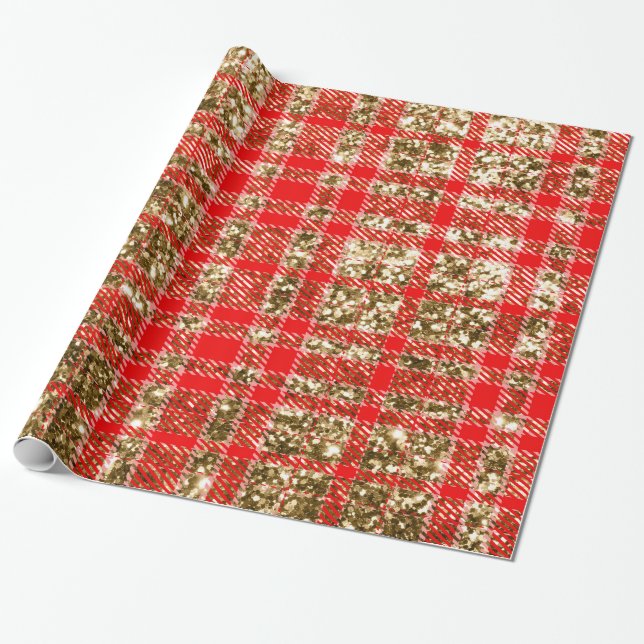 Red and Gold Glitter Plaid-05 Wrapping Paper (Unrolled)