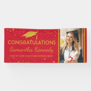Red And Gold Graduation Confetti Grad Cap Photo Banner