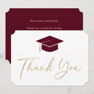 Red and Gold Graduation Hat Elegant Script Modern Thank You Card
