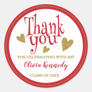 Red And Gold Graduation Party Thank You Favour   Classic Round Sticker