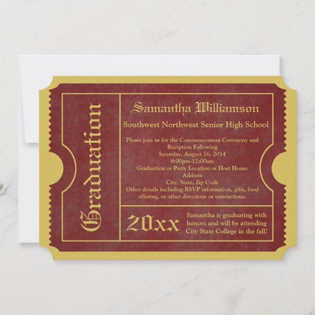 Red and Gold Graduation Ticket Invitations (Front)