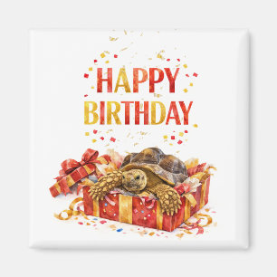 Red and Gold Happy birthday Sulcata tortoise gift Magnet