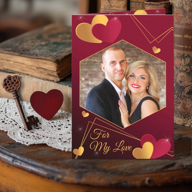 Red and Gold Hearts Custom Photo Romantic Holiday Card (Creator Uploaded)