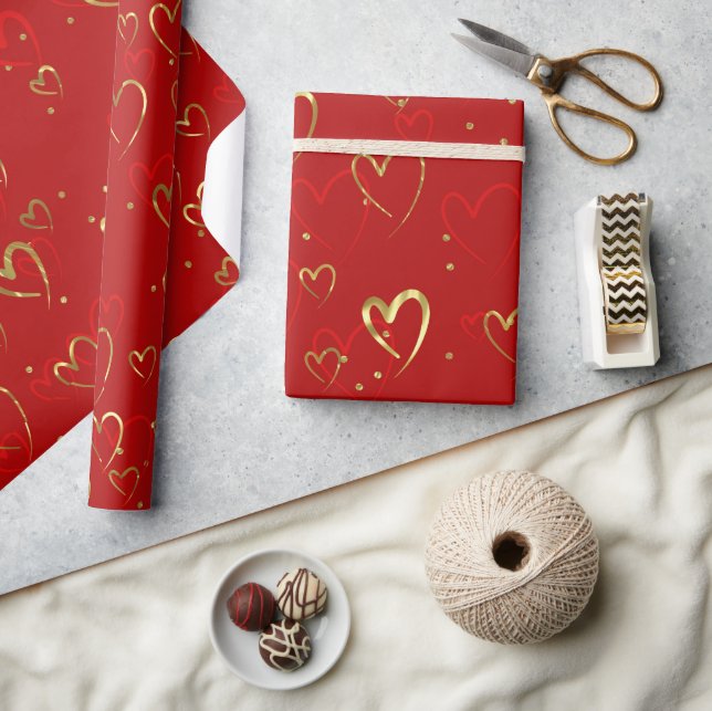 Red and gold hearts on red Valentine's Pattern Wrapping Paper (Crafts)