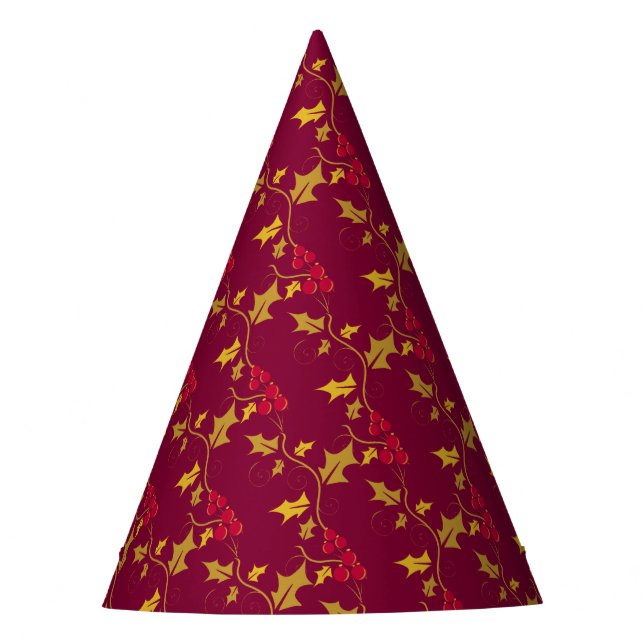 Red and gold holly and berries Christmas pattern Party Hat (Front)