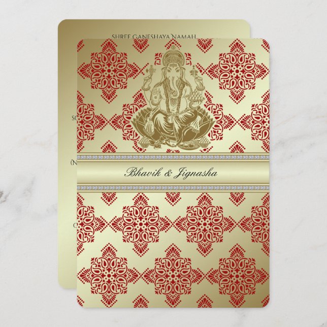 Red and Gold Indian Damask Wedding Invitation (Front/Back)