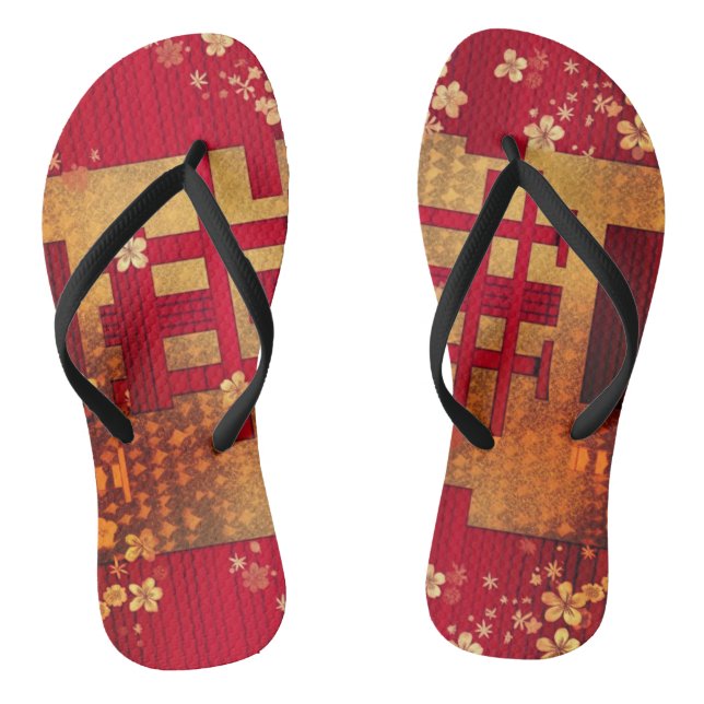 Red and Gold Japanese Chiyogami Pattern Flip Flops (Footbed)