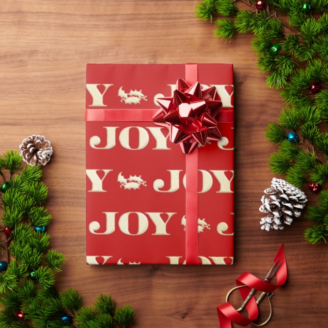 Red and Gold Joy Holly Christmas Wrapping Paper (Holiday Gift)