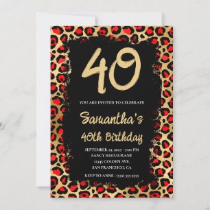 Red and Gold Leopard Painted Black 40th Birthday Invitation