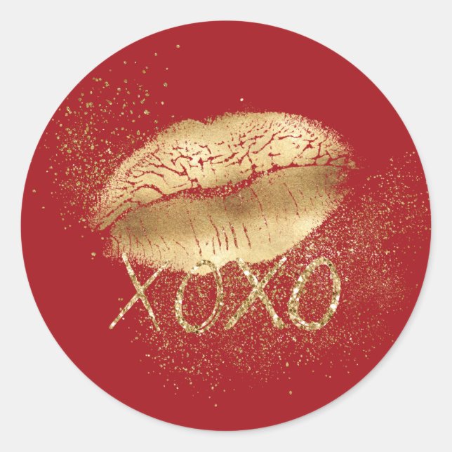 Red and Gold Lips Kiss Gold Glitter XOXO Classic Round Sticker (Front)