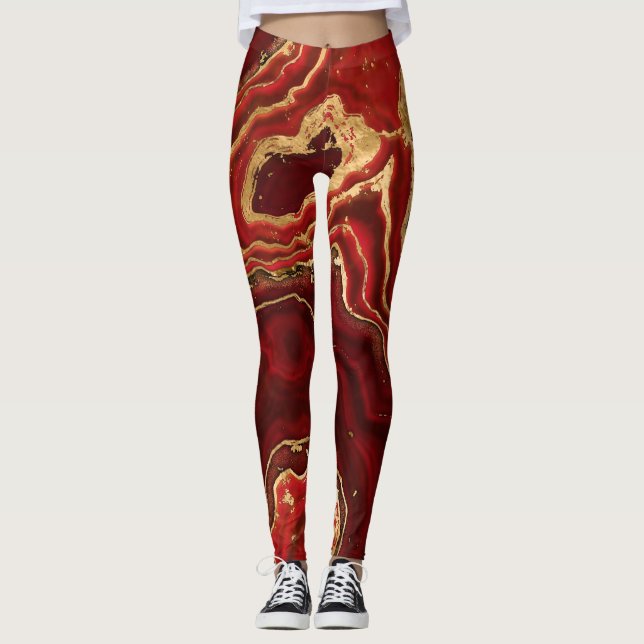 Red and gold Liquid Marble Abstract Leggings (Front)