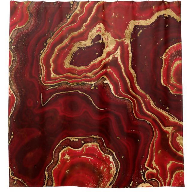 Red and gold Liquid Marble Abstract Shower Curtain (Front)