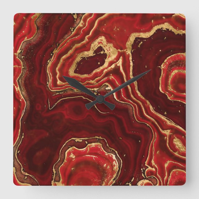 Red and gold Liquid Marble Abstract Square Wall Clock (Front)