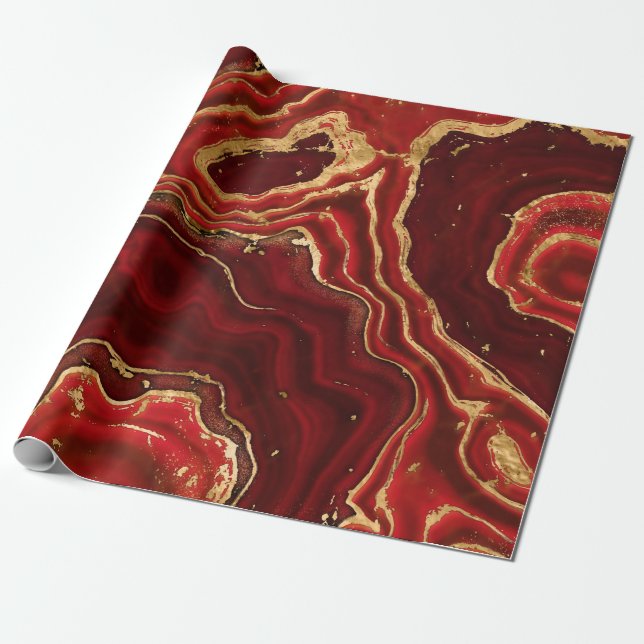 Red and gold Liquid Marble Abstract Wrapping Paper (Unrolled)
