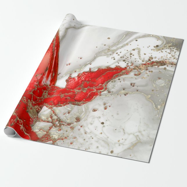 Red and gold Liquid Marble Splash Wrapping Paper (Unrolled)