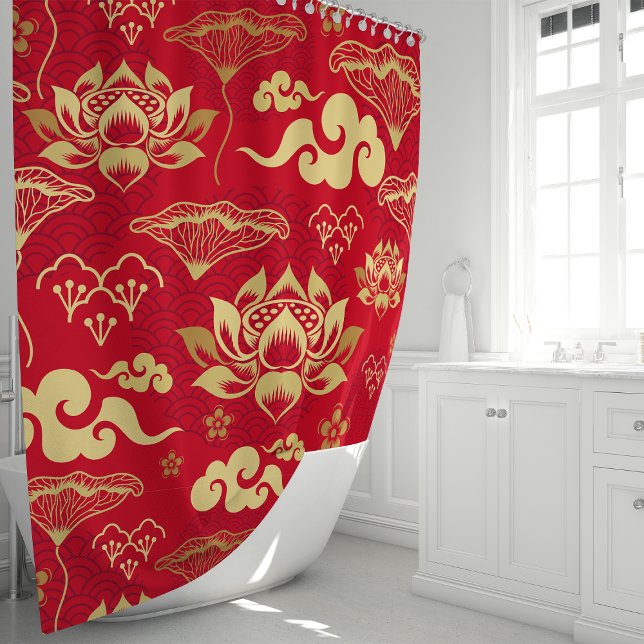 Red and Gold Lotus Floral Oriental Pattern Shower Curtain (Creator Uploaded)