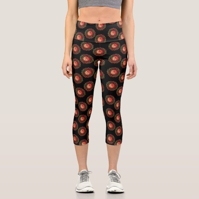 Red and Gold Mandala Black Background Capri Leggings (Front)