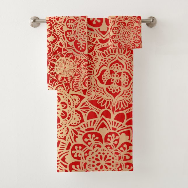 Red and Gold Mandala Boho Chic Bath Towel Set (Insitu)