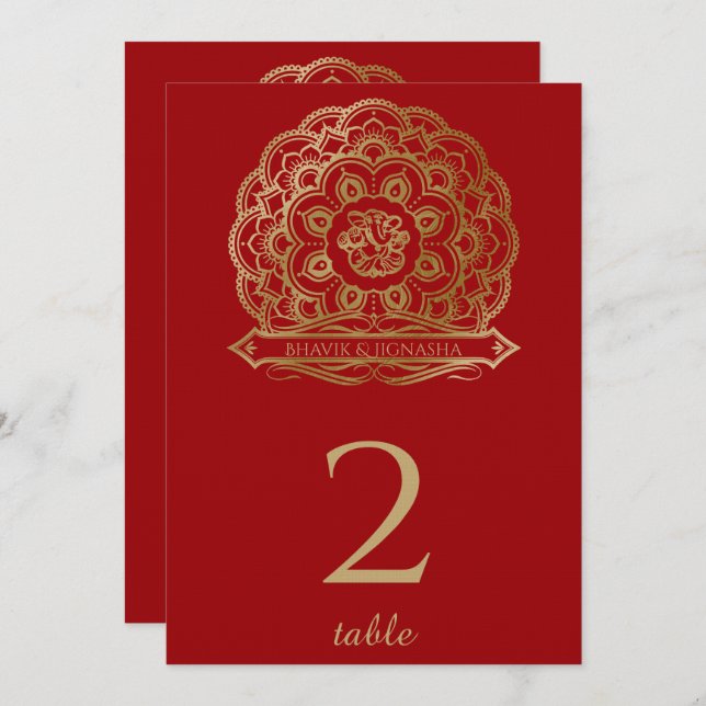 Red and Gold Mandala Indian Table Number (Front/Back)