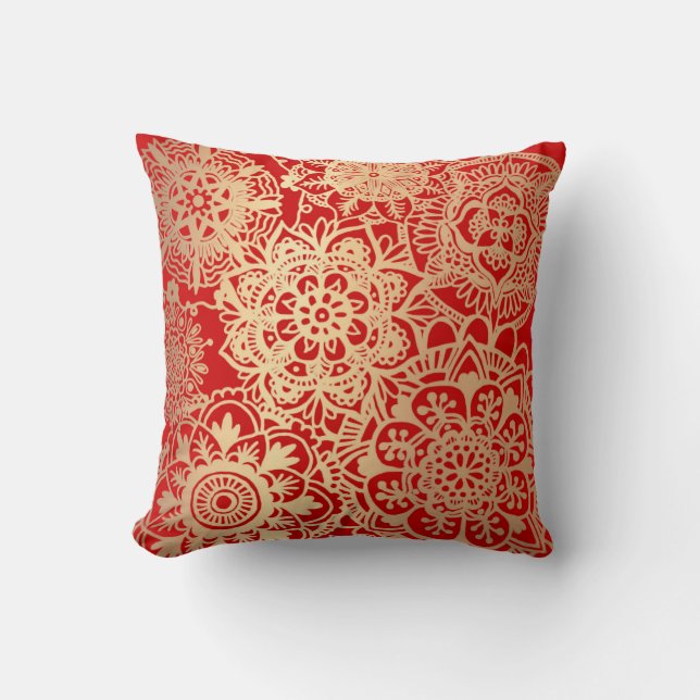 Red and Gold Mandala Pattern Cushion (Front)