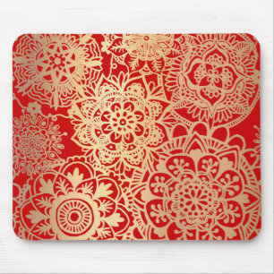 Red and Gold Mandala Pattern Mouse Pad