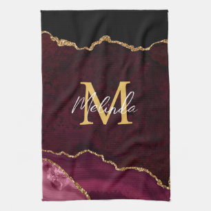 Red and Gold Marble Agate Tea Towel
