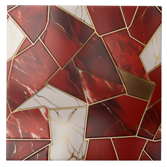 Red and Gold Marble, Crystal Cubism Pattern Ceramic Tile (Front)