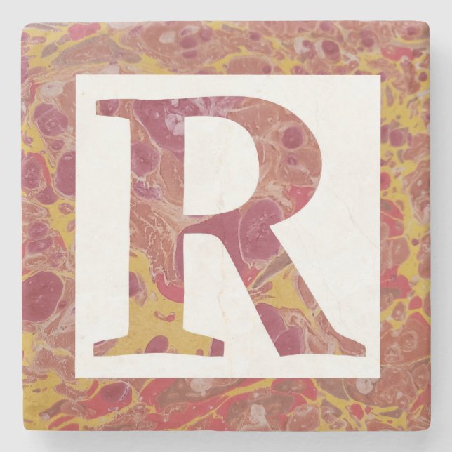 Red and Gold Marbled Monogrammed R Stone Coaster (Front)