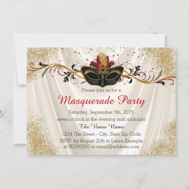 Red and Gold Masquerade Party Invitation (Back)
