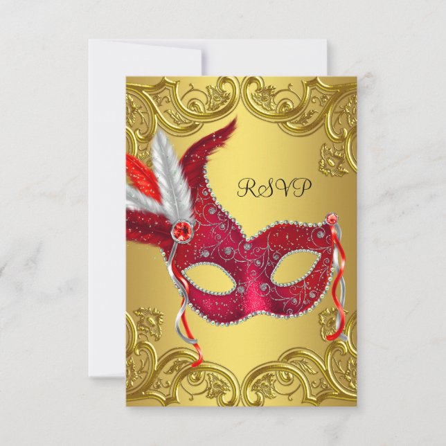 Red and Gold Masquerade Party RSVP (Front)