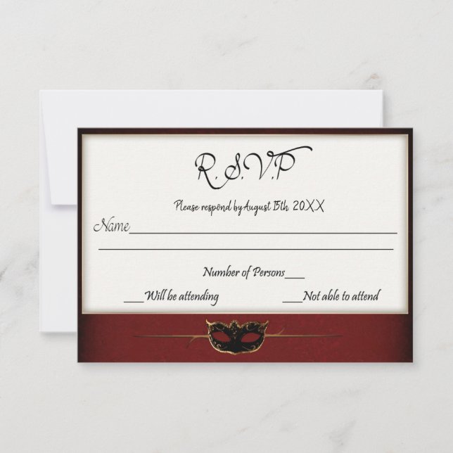 Red and Gold Masquerade RSVP Card (Front)