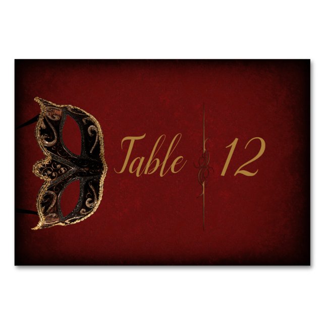 Red and Gold Masquerade Wedding Table Card (Front)