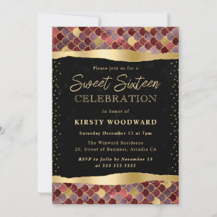 Red and Gold Mermaid Scales Sweet 16 Invitation