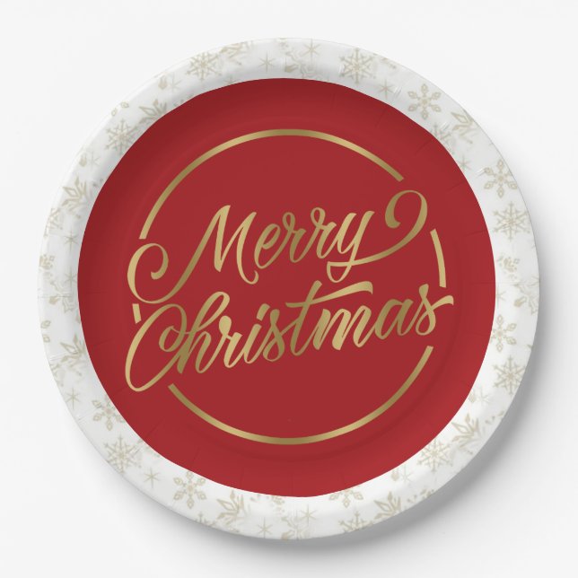 Red and Gold Merry Christmas Paper Plate (Front)