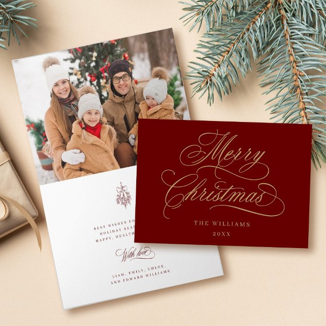 Red and Gold Merry Christmas Script Photo Folded Holiday Card (Front & Inside)