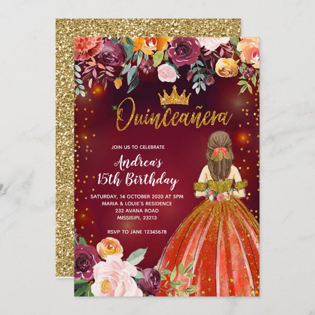 Red and Gold Mexican Princess Quinceañera Birthday Invitation (Front/Back)