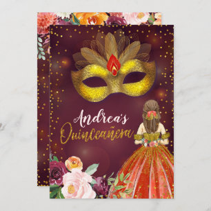 Red and Gold Mexican Princess Quinceañera Birthday Invitation
