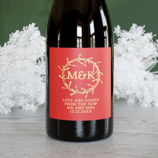Red and Gold Mistletoe Wreath Holiday Wine Label (Festive red and gold mistletoe wreath wine label with space for your initials and message)