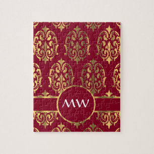 Red and gold monogram damask pattern jigsaw puzzle