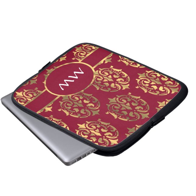 Red and gold monogram damask pattern laptop sleeve (Front Bottom)