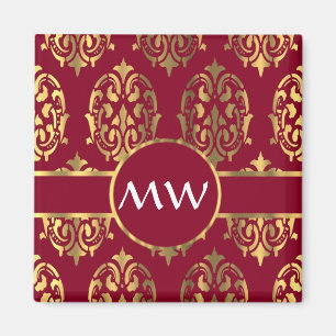 Red and gold monogram damask pattern magnet