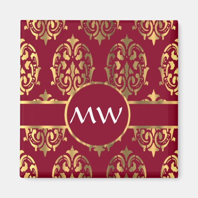 Red and gold monogram damask pattern magnet (Front)