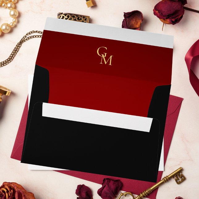 Red and Gold Monogram Elegant Black Wedding Envelope (Creator Uploaded)