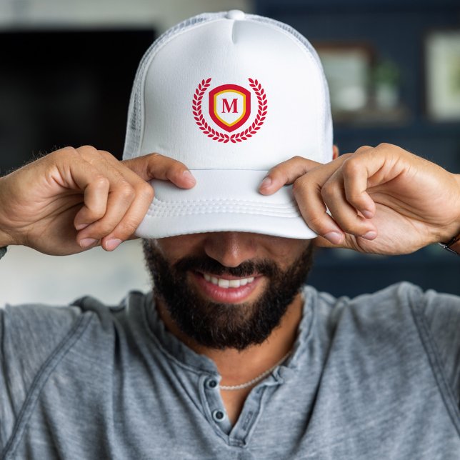Red and Gold Monogram Logo Crest Trucker Hat (Creator Uploaded)