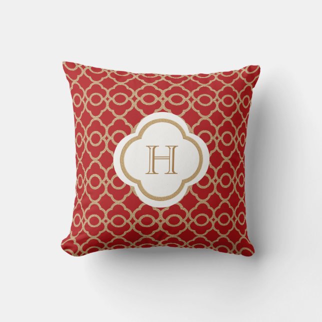 Red and Gold Moroccan Monogram Cushion (Front)