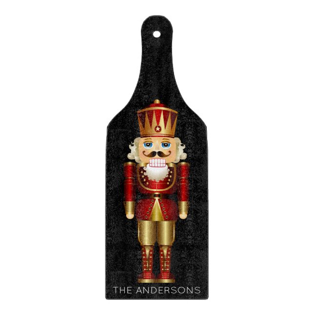 Red and Gold Nutcracker on Black  Cutting Board (Front)