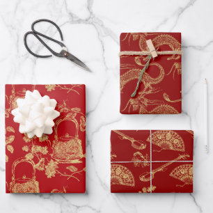 Red and gold Oriental chinoiserie patterns Wrapping Paper Sheet