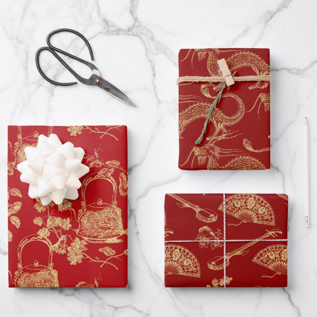 Red and gold Oriental chinoiserie patterns Wrapping Paper Sheet (Front)