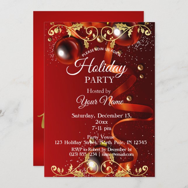 Red and Gold Ornament Party Christmas Invitation (Front/Back)